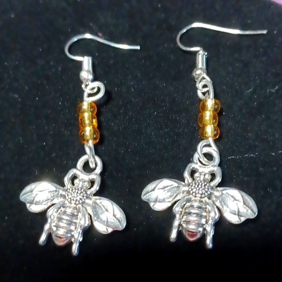 Bee pendant earrings set handmade golden silver beads glass amber dragons veins - Picture 6 of 6